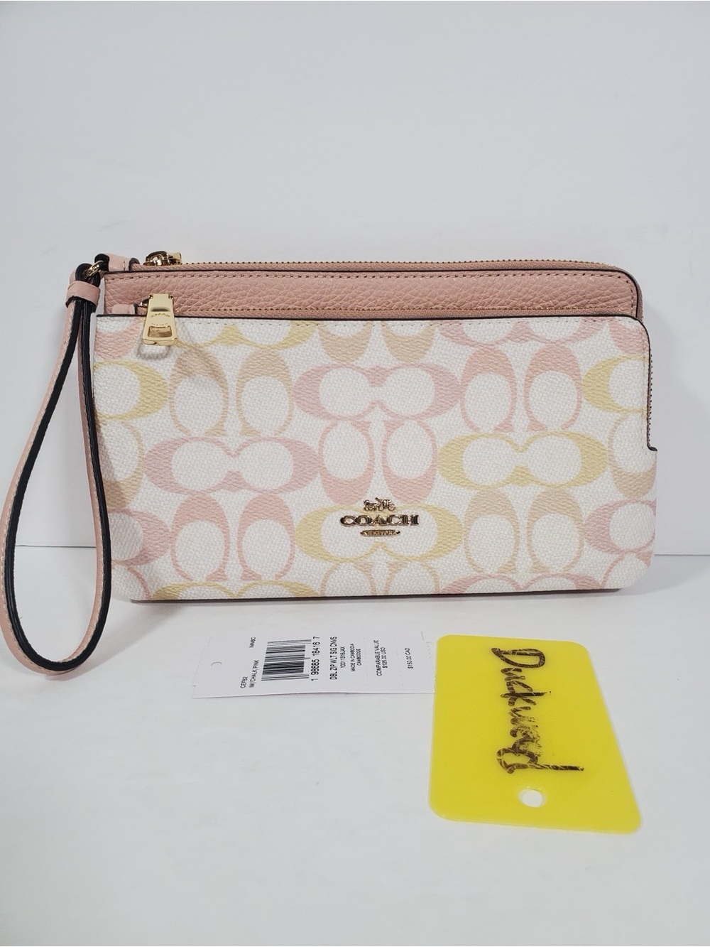 NWT Coach Double Zip Wristlet In Pretty Signature Canvas Gold/Chalk/Pink CEF62
